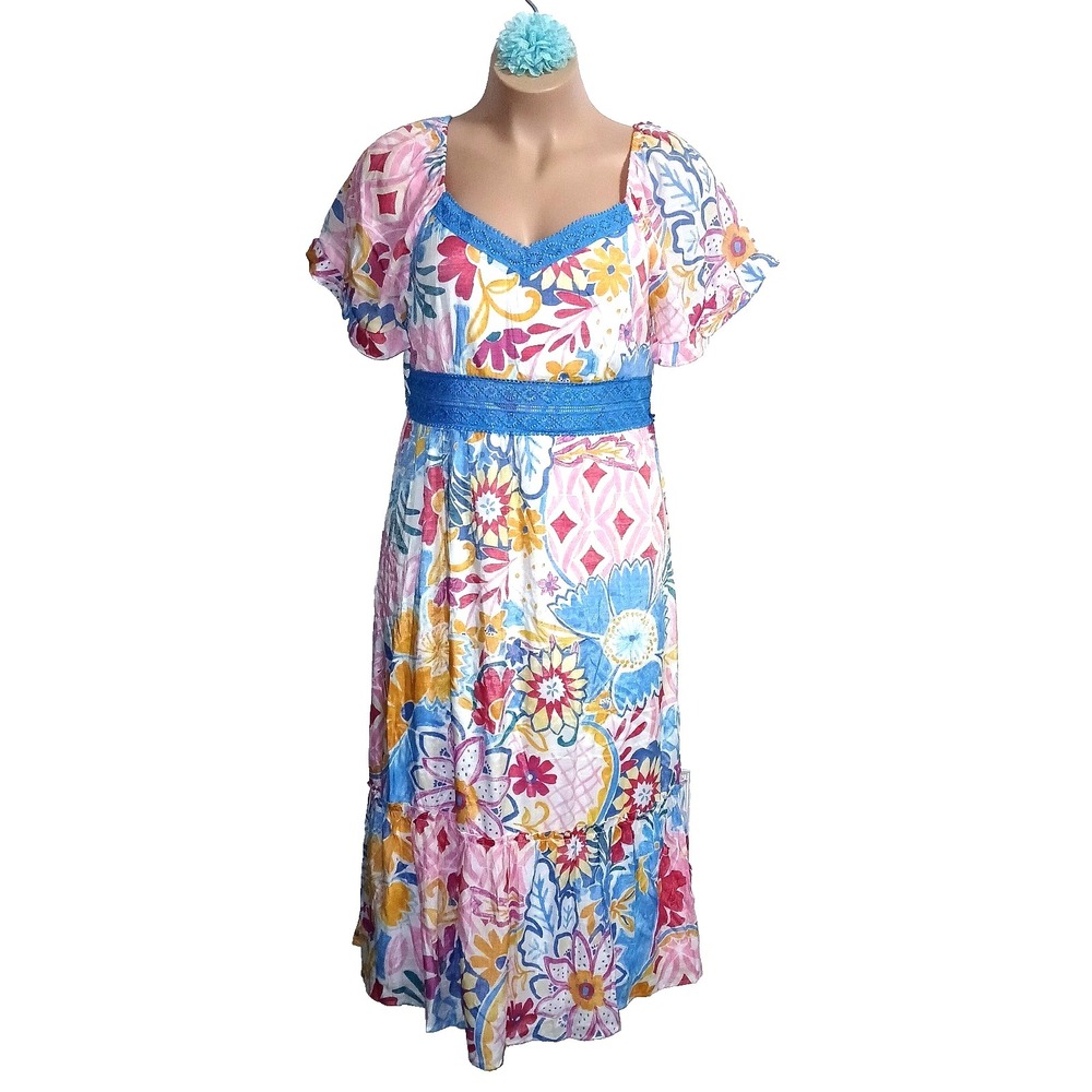 Luxology Women Maxi Dress XL Blue Floral Peasant Smocked Cottage 70's Crochet